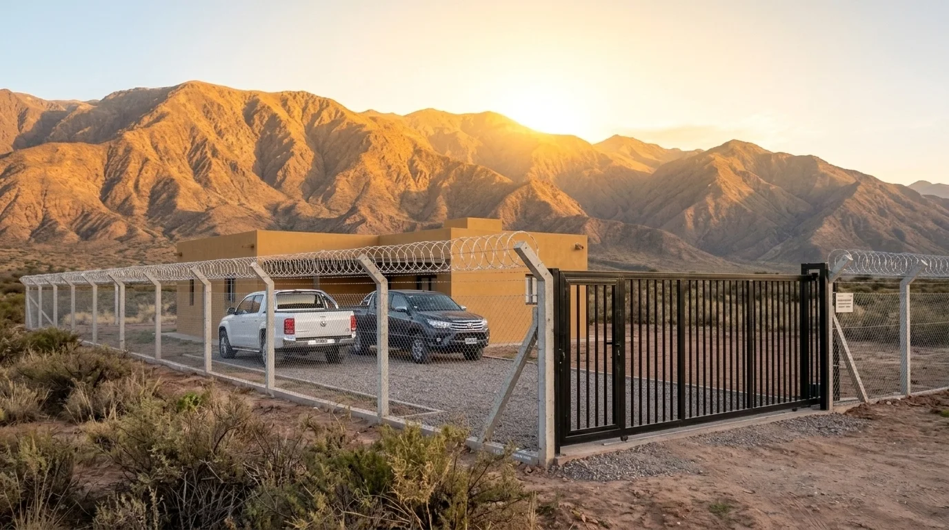 Cerramiento perimetral terminado con portón vehicular de acceso al atardecer en Salta